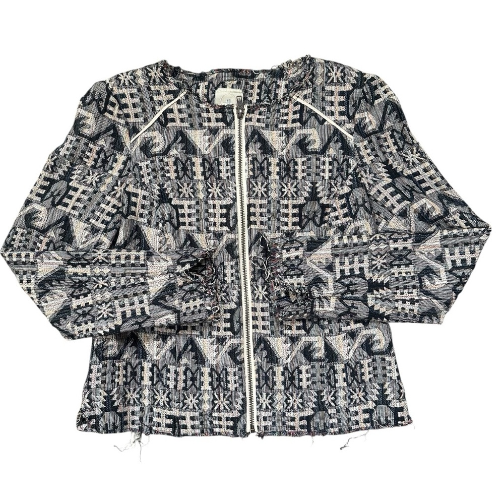 Anthropologie Hei Hei Navy White Tapestry Blanket Raw Edge Faifo Jacket Size 4
